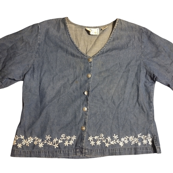 Carolina Bay Tops - Floral Embroidered Denim Blouse